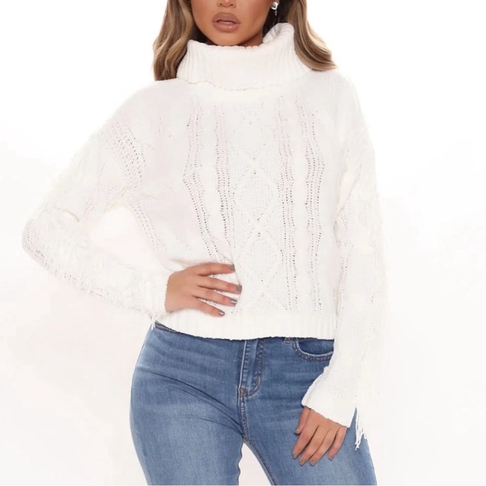 Ivory Chenille Cable Knit Turtleneck Sweater